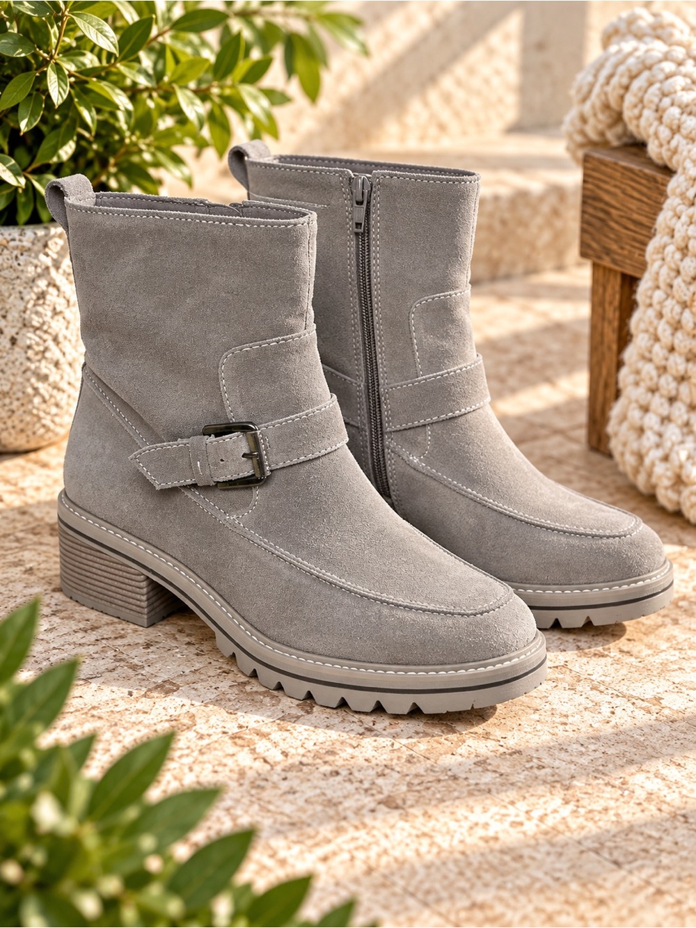 Bernardo Sonja Suede Buckle Lug Sole Ankle Boots Gray Women’s 11